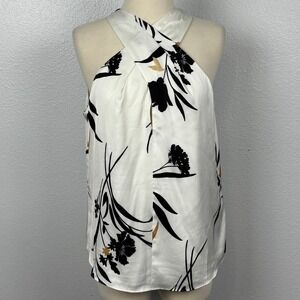 White House Black Market Floral Cross Front Halter Top White Black Gold Size 8